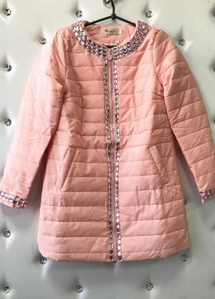 ⛔ ✅ розовое пальтишко демисезон с камнями размер 46-48 испачканое