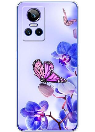 Чехол силиконовый с картинкой на realme gt neo 3 (цветок, бабочка на орхидее)