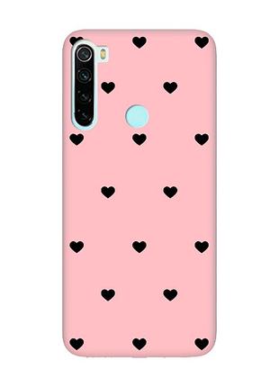 Матовый розовый чехол на xiaomi redmi note 8 сердечка черные (принт 402)