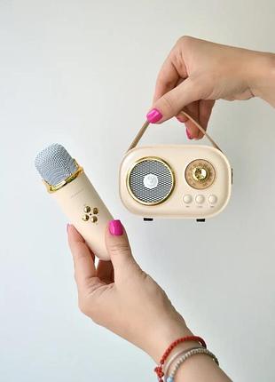 Портативная bluetooth колонка для караоке с микрофоном на аккумуляторе акустическая система для караоке беж