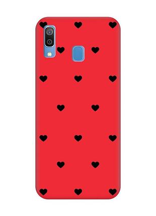 Матовый красный чехол на samsung galaxy a30 (2019)/a20 (2019) сердечка черные (принт 402)