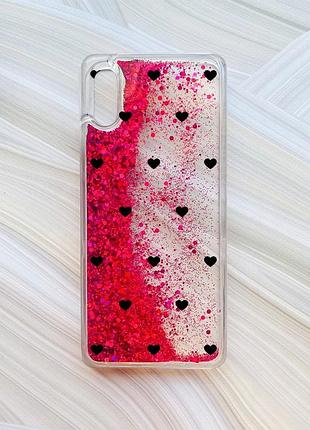 Чехол с плавающими розовыми блестками на xiaomi redmi 9a сердечка черные (принт 402)
