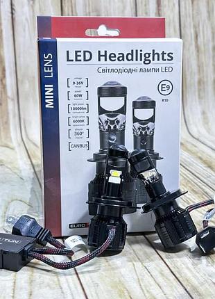 Лінзи цоколь h4 комплект led ламп euro tun лінза h4 6000k 12*24v 60w (10000lm) чітка межа! canbus