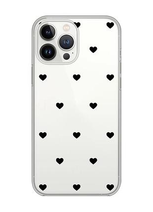 Прозрачный чехол с защитой камеры на iphone 14 pro max сердечка черные (принт 402)