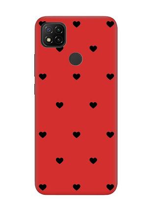 Матовый красный чехол на xiaomi redmi 9c/10a сердечка черные (принт 402)