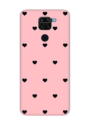 Матовый розовый чехол на xiaomi redmi note 9 сердечка черные (принт 402)
