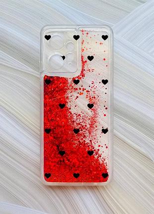 Чехол с плавающими красными блестками на xiaomi redmi note 12 4g сердечка черные (принт 402)