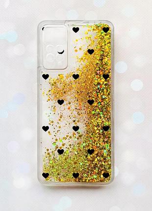 Чохол з плаваючими золотими блискітками на xiaomi redmi note 11 pro сердечка чорні (принт 402)