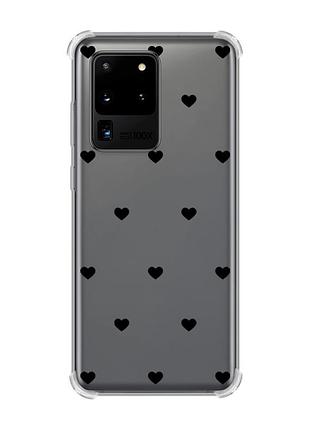 Чехол с утолщёнными углами на samsung galaxy s20 ultra сердечка черные (принт 402)