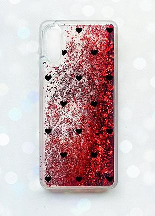 Чехол с плавающими красными блестками на samsung galaxy a02/a022 (2021) сердечка черные (принт 402)