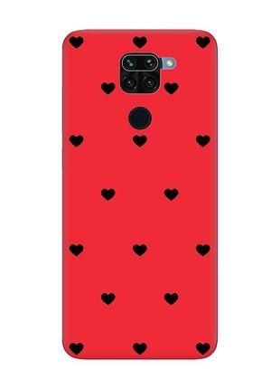 Матовый красный чехол на xiaomi redmi note 9/10x сердечка черные (принт 402)