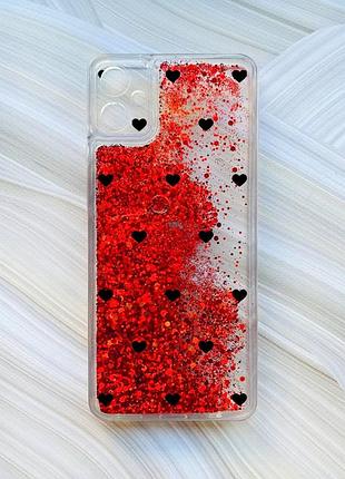 Чехол с плавающими красными блестками на samsung galaxy a05 (a055) сердечка черные (принт 402)