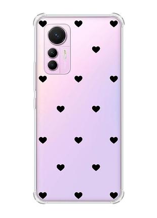 Чехол с утолщенными углами на xiaomi 12 lite сердечка черные (принт 402)