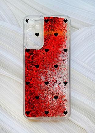 Чехол с плавающими красными блестками на samsung galaxy a05s (a057) сердечка черные (принт 402)