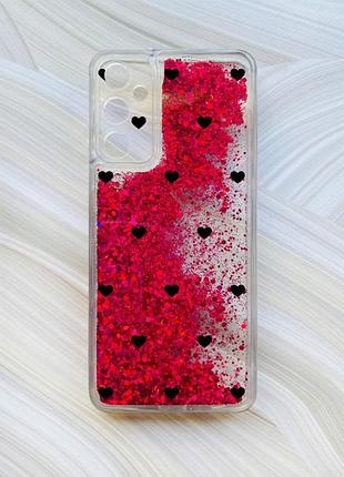 Чехол с плавающими розовыми блестками на samsung galaxy a25 (a256) сердечка черные (принт 402)