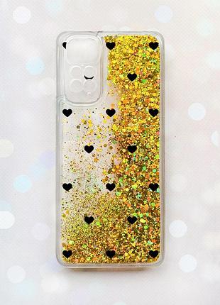 Чехол с плавающими золотыми блестками на xiaomi redmi note 11 сердечка черные (принт 402)