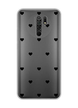 Прозорий чохол на xiaomi redmi 9 сердечка чорні (принт 402)