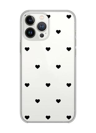 Прозрачный чехол с защитой камеры на iphone 14 pro сердечка черные (принт 402)