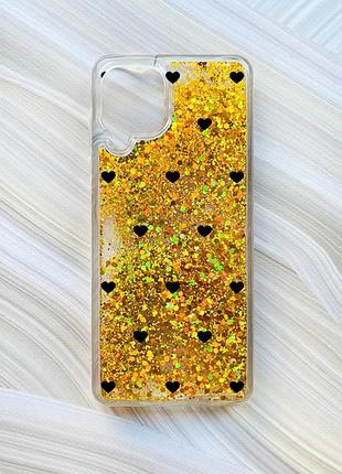 Чехол с плавающими золотыми блестками на samsung galaxy a22 4g/m22/m32 сердечка черные (принт 402)