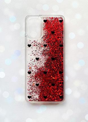 Чохол з плаваючими червоними блискітками на samsung galaxy a02s сердечка чорні (принт 402)