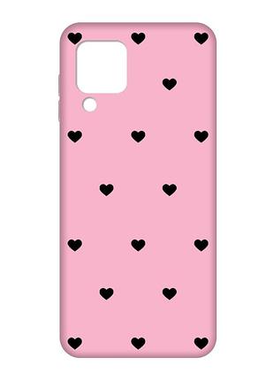 Матовый розовый чехол на samsung galaxy m32/a22/m22 4g сердечка черные (принт 402)