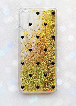 Чехол с плавающими золотыми блестками на samsung galaxy a02/a022 (2021) сердечка черные (принт 402)