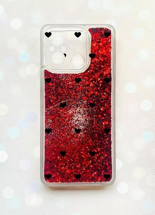 Чехол с плавающими красными блестками на xiaomi redmi 12c сердечка черные (принт 402)