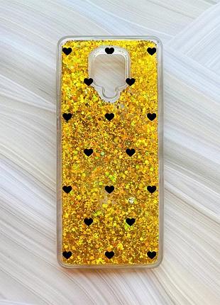 Чохол з плаваючими золотими блискітками на xiaomi redmi note 9 pro/9 pro max/9s сердечка чорні (принт 402)