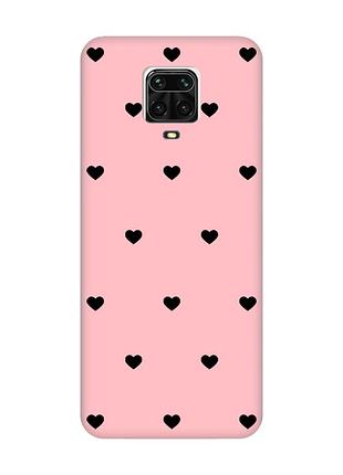 Матовий рожевий чохол на xiaomi redmi note 9 pro/9s/9 pro max сердечка чорні (принт 402)
