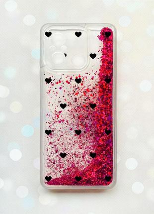 Чехол с плавающими розовыми блестками на xiaomi redmi 12c сердечка черные (принт 402)