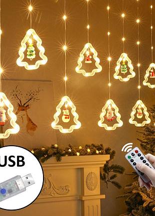 Гирлянда usb led штора с новогодними фигурками, теплый свет, 8 режимов, 3м