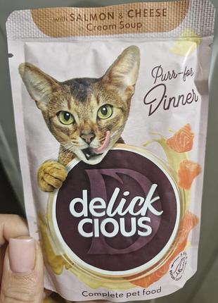 Delickcious полоски с лососем и сыром в крем-супе шлишес для котов, крем-суп для котов. паучи холистик с лососем для кошек