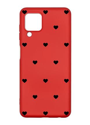 Матовый красный чехол на samsung galaxy m32/a22/m22 4g сердечка черные (принт 402)