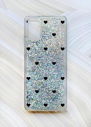 Чехол с плавающими серебряными блестками на samsung galaxy a31 сердечка черные (принт 402)