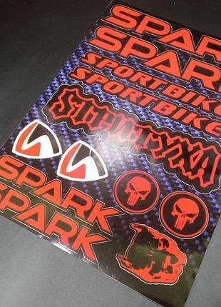 Червоні spark-спарк наклейки на мотоцикл бак-пластик-мопед скутер стикер-пак мотопак стикерпак стікерпак набір ламіновані з лог