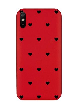 Матовий червоний чохол на xiaomi redmi 9a сердечка чорні (принт 402)