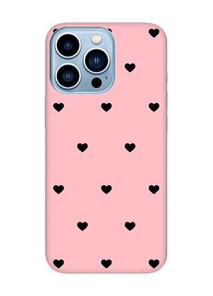Матовый розовый чехол на iphone 13 pro max сердечка черные (принт 402)