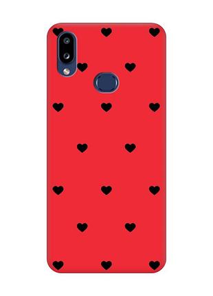 Матовый красный чехол на samsung galaxy a10s (a107) сердечка черные (принт 402)