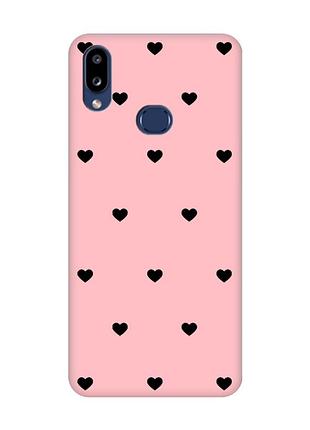 Матовый розовый чехол на samsung galaxy a10s (a107) сердечка черные (принт 402)