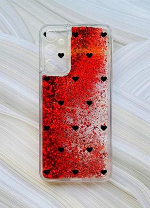 Чохол з плаваючими червоними блискітками на samsung galaxy a15 (a155) сердечка чорні (принт 402)