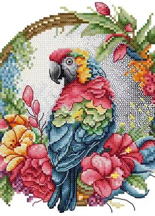 Набір для вишивання за нанесеною на канву схемою "parrot on wreath".aida 14ct printed , 27*27 см
