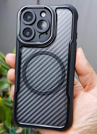 Чехол бампер для iphone 15 pro противоударный magsafe airbag carbon fiber black