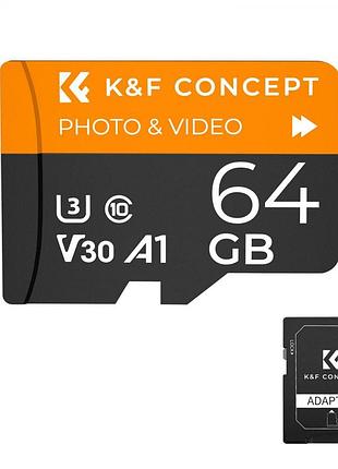 Карта памяти micro sd card 64g u3/v30/a1 k&f concept с sd адаптером (kf42.0012)