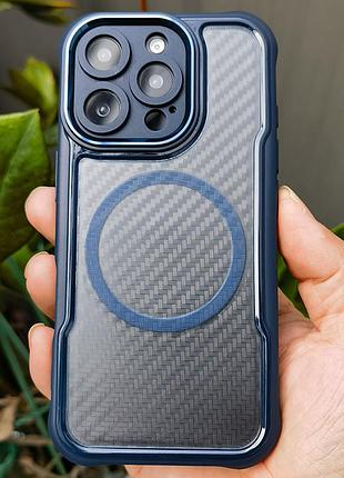 Чехол бампер для iphone 13 pro противоударный magsafe airbag carbon fiber dark blue