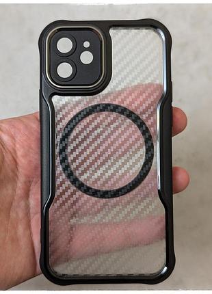 Чехол бампер для iphone 12 противоударный magsafe airbag carbon fiber black