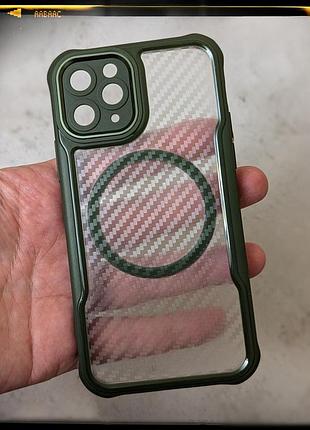 Чехол бампер для iphone 11 pro противоударный magsafe airbag carbon fiber хаки