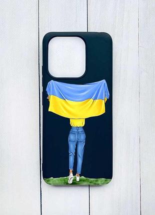Матовый черный чехол на xiaomi redmi note 13 4g девушка с флагом (принт 263)