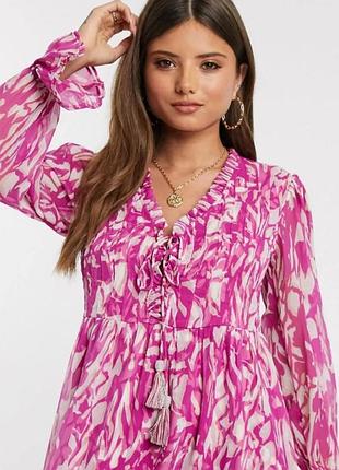 Полупрозрачное шифоновое платье миди с оборками river island розово белого цвета с абстрактным узором размер 8/xs/ 42 3
