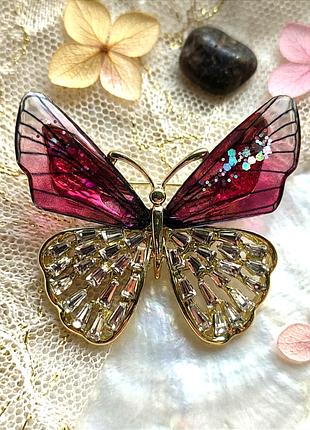Брошка «gold & burgundy butterfly» 4,5 см, метелик