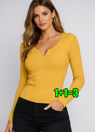 🤩1+1=3 стильний базовий жовтий светр лонгслів рубчик з декольте new look, розмір 48 - 50